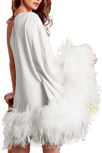 Vista 2 de xxxiticat Vestido de una capa de hombro para mujer, sin mangas, con dobladillo de piel sintética, plumas, hombros descubiertos, vestido de fiesta