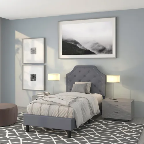 Vista 22 de EMMA + OLIVER Base de cama tapizada con diseño arqueado y diseño capitoné en tela beige