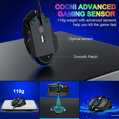 Vista 6 de GK-XLI Mouse para juegos con cable, RGB para computadora con cable USB con modo de retroiluminación Chroma, mouse ergonómico DPI ajustable de alta