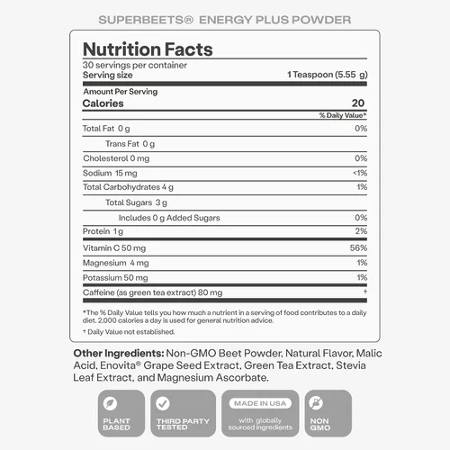 Vista 9 de Humann SuperBeets Energy Plus con extracto de semilla de uva, polvo de raíz de remolacha, extracto de té verde, cafeína, vitamina C, sin OMG, 5.87