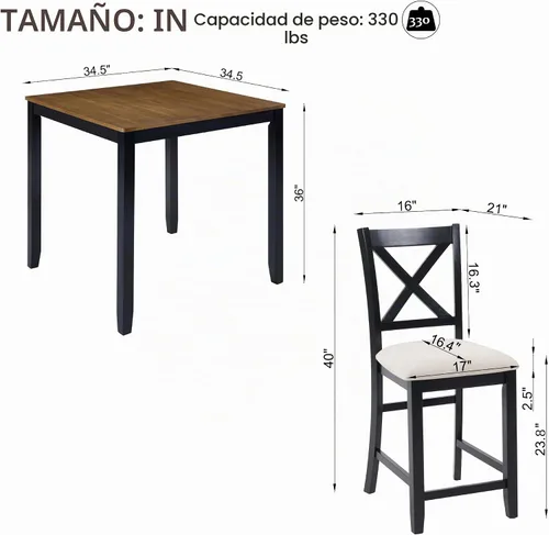 Vista 4 de Juego de mesa de comedor de 5 piezas para 4, juego de mesa de comedor cuadrada de madera maciza, juego de mesa de cocina con mesa cuadrada y 4