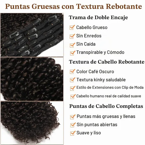 Vista 3 de Extensiones de cabello rizado kinky con clip para mujeres negras 14 pulgadas 2# marrón oscuro extensiones de cabello rizado con clip cabello humano
