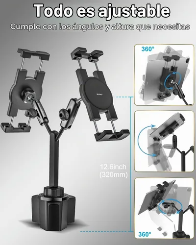 Vista 4 de Soporte doble para tableta para taza de automóvil, [brazo de metal doble] Soporte ajustable resistente para vasos de automóvil, soporte para tableta