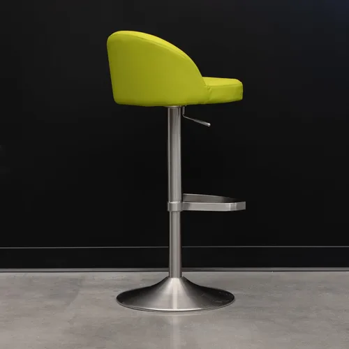 Vista 4 de ZURI Taburete de bar moderno Mimi suave verde lima, asiento de cuero sintético, acero inoxidable cepillado altura ajustable