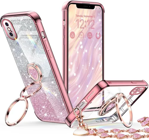Vista 24 de XYZ para Funda de iPhone Xs Max con Soporte, Funda de Teléfono con Doble Soporte de Anillo, Funda de Amor-Corazón Linda de Lujo con Brillantina