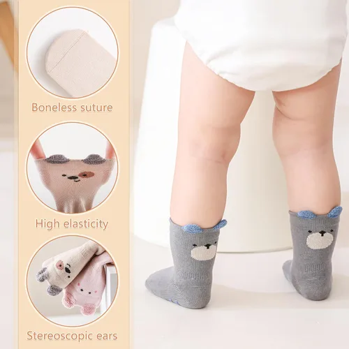 Vista 3 de Adorable diseño de animales de dibujos animados calcetines de algodón antideslizantes para bebés, 5 pares de calcetines antideslizantes para niños