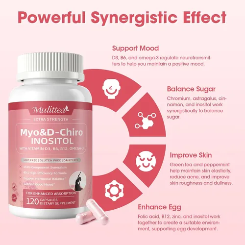 Vista 4 de Mulittea Suplemento de Myo-Inositol y D-Chiro para Mujeres - Inositol Liposomal 14-en-1 con Ácido Fólico, Omega-3 y Multivitaminas para Equilibrio