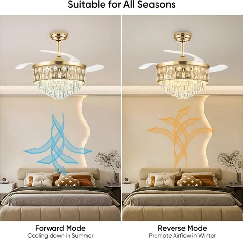 Vista 3 de Ventilador de techo de 52 pulgadas con luz, ventilador de araña, dorado K9 crystal, dimmable 3CCT LED, 6-speed quiet DC motor, memory and timer