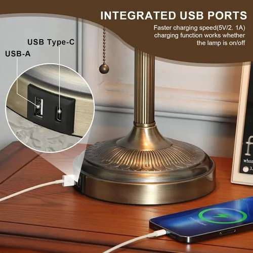 Vista 6 de Lámpara de escritorio de banqueros de vidrio verde antiguo y puerto de carga rápida USB Lámpara de escritorio