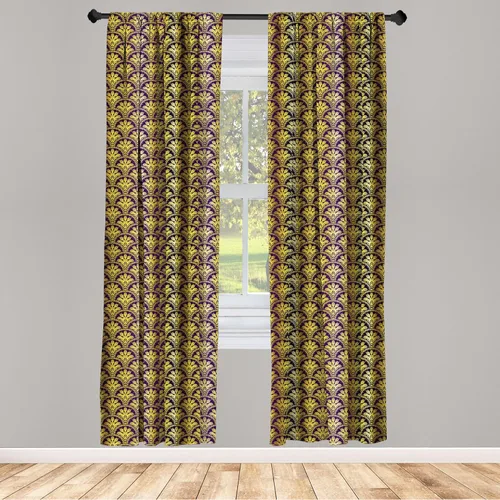 Vista 2 de Ambesonne Yellow Damask Curtains, Fish Scale Style Traditional Eastern Peacock Motif and Braid Stripes, Window Treatments 2 Panel Set for Living