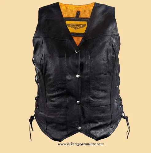 Vista 2 de Dream - Chaleco de cuero para mujer, 7 bolsillos, bolsillos laterales, bolsillo para pistola en el interior, regular, Regular