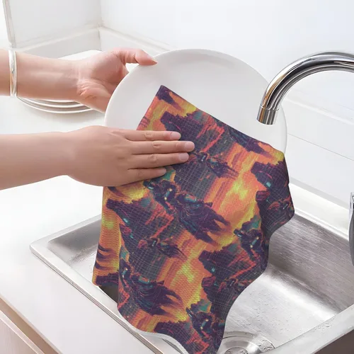 Vista 3 de Kitchen Towels - Cyber Retro Western Cowboy Print Quick Drying Dish Towels for Kitchen Drying, Soft Absorbent Hand Towel for Home Decor with