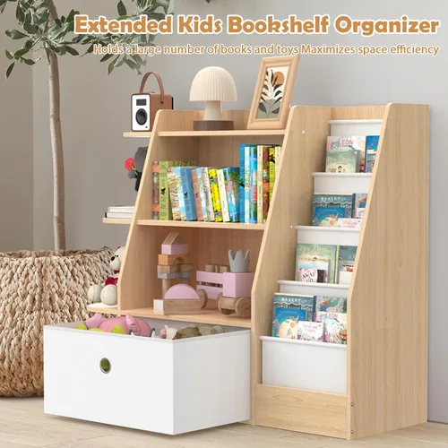 Vista 7 de Estantería para niños y almacenamiento de juguetes, estante de madera de 4 niveles para libros, estantería grande para niños con cajones, estantería