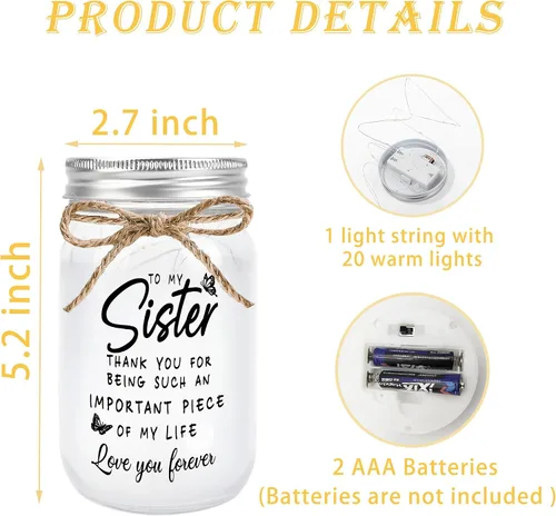 Vista 3 de Regalos para hermanas de parte de la hermana, tarro decorativo con brillo cálido, regalos únicos para hermana, regalo de cumpleaños, Navidad, día