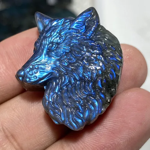 Vista 6 de TEAMWILL Cristal de labradorita natural de cuarzo tallado a mano cabeza de lobo Reiki cristal curativo magnífico escultura de piedra estatua estatua