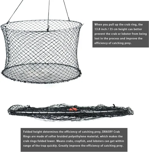 Vista 4 de Drasry Crab Ring Trap Two Ring Crab Kit with Harness and Bait Clip Fishing Crabbing Net for Board Kayak Dock and Pier Net