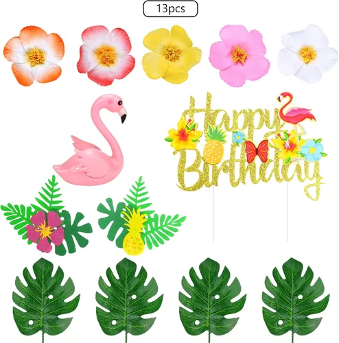 Vista 2 de 13 piezas de decoración de pastel de flamenco para tartas de verano con bonitas figuras de flamenco rosa y hojas de palmera de flores de hibisco