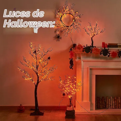 Vista 7 de Hairui - Guirnalda de Halloween con luces, 120 luces de hadas bicolor naranja y morado, 8 funciones, guirnalda negra iluminada de 6 pies, funciona