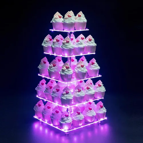 Vista 20 de Soporte para Cupcakes, Soporte Redondo para Cupcakes de 4 Niveles con Tira de Luces LED, Torre de Exhibición de Cupcakes de Acrílico para Bodas, Azul