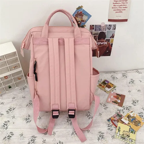 Vista 5 de Mochila Kawaii de gran capacidad con pin Kawaii y accesorios, bonita mochila estética para adolescentes y niñas, mochilas para la escuela, Púrpura