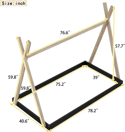 Vista 2 de Cama de madera con dosel de casa de tamaño individual con valla triangular, base de cama individual para dormitorio, niños, niñas, adolescentes