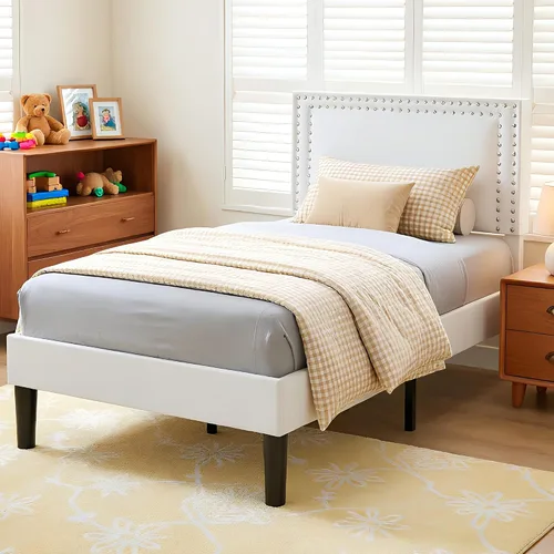 Vista 127 de VECELO Base de cama de plataforma de tamaño individual con cabecera tapizada de altura ajustable, base de colchón moderna, soporte de listones