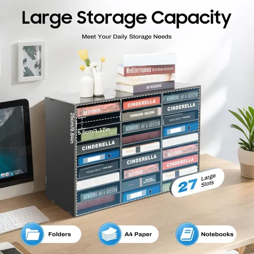 Vista 3 de Organizador de literatura ajustable, clasificador de archivos de escritorio, 27 ranuras, centro de correo, gabinete de almacenamiento de papel