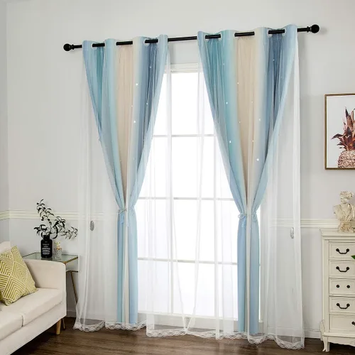Vista 5 de vctops Cortinas opacas con diseño de rayas degradadas para ventana, de doble capa, de tul, cortinas recortadas con estrellas para dormitorio de Azul