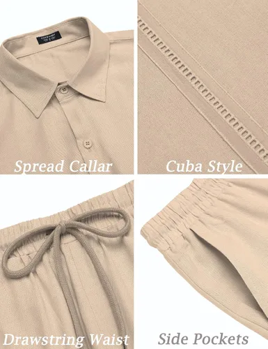 Vista 5 de COOFANDY Conjunto de camisa y pantalón corto de lino para hombre, traje de manga corta con botones de algodón, Albaricoque