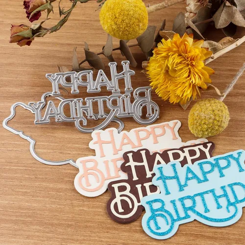 Vista 3 de Briartw Troqueles de corte de feliz cumpleaños, plantilla de metal de palabra y sombra para hacer tarjetas, álbum de recortes de bricolaje, tarjeta
