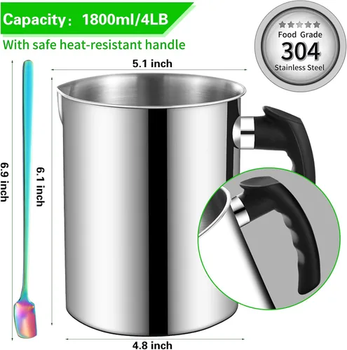 Vista 2 de Olla para hacer velas, 60.9 fl oz/60 onzas, olla de fusión de cera de doble caldera, jarra de acero inoxidable 304 con mango resistente al calor