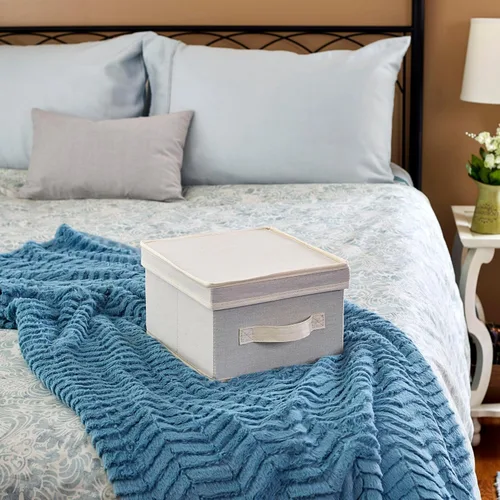Vista 3 de Household Essentials 111 Caja de almacenamiento con tapa y asa, lona beige natural, tamaño mediano, ribete natural