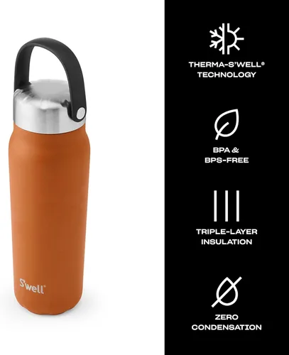Vista 3 de S'well Explorer de acero inoxidable reciclado con tapa y asa aisladas, 24 onzas, cornalina, recipientes aislados al vacío de triple capa que