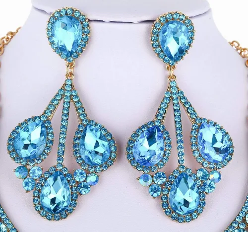Vista 9 de Janefashions Peacock Feather Teal Austrian Rhinestone Crystal Statement Collar Pendientes Set Gargantilla Show Beauty Queen N820t, Cristal