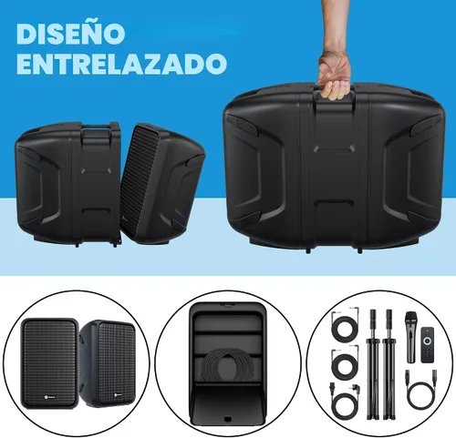 Vista 2 de NBVOICE Sistema PA integrado de 2 vías profesional portátil todo en uno, configuración fija, diseño de maleta con mezclador de 8 canales, 2 soportes