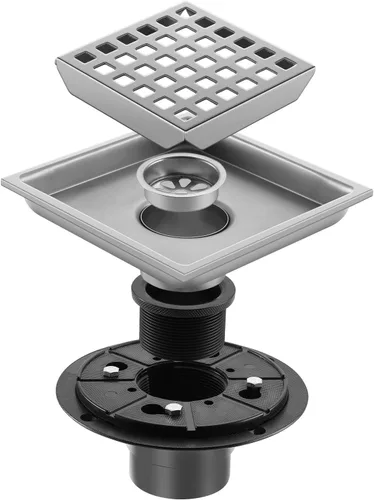 Vista 3 de Desagüe de ducha, desagüe de piso cuadrado cromado de 4 pulgadas con brida, panel de rejilla extraíble plateado de acero inoxidable SUS 304, desagüe