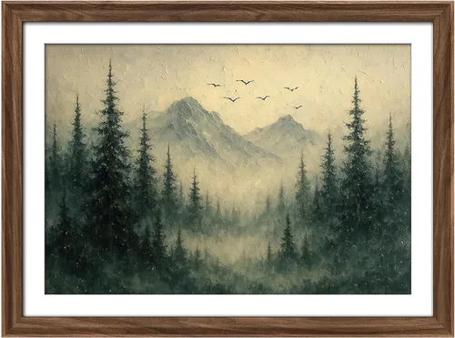 Vista 238 de MUDECOR Lienzo enmarcado prémium para pared, pinos nevados en bosque de invierno, ilustraciones modernas, arte contemporáneo, escénico, divertido