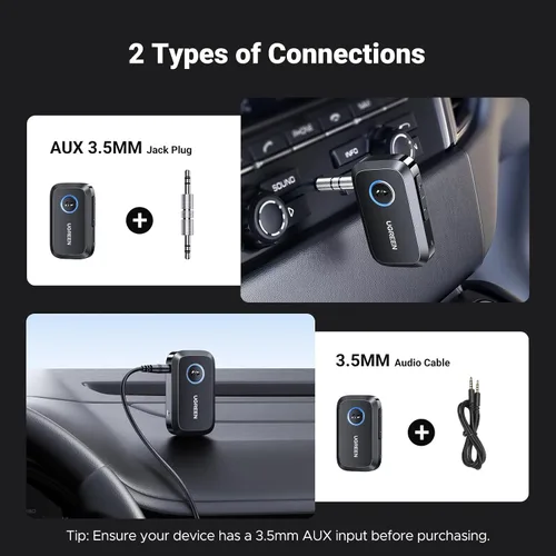 Vista 6 de UGREEN Adaptador Bluetooth 5.4 para automóvil, llamadas manos libres y cancelación de ruido, adaptador AUX a Bluetooth para automóvil, receptor