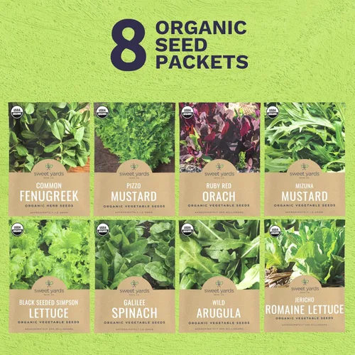 Vista 2 de Paquete variado de semillas de lechuga orgánicas tolerantes al calor, 8 paquetes individuales, temporada 2026, espinacas Galilee, rúcula silvestre