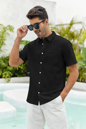 Vista 2 de Ryannology Camisas guayabera de lino de manga corta con botones para hombre, estilo casual, playa, campamento cubano, camisa mexicana para hombre