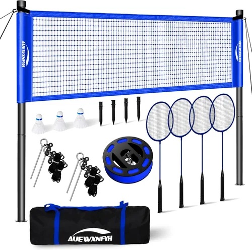 Vista 10 de Portable Badminton Set, Heavy-Duty Outdoor Net with 4 Rackets, 3 Shuttlecocks & Boundary Line for Backyard Lawn Beach Family Games Blanco