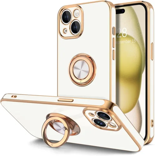 Vista 16 de Hython Funda para iPhone 15 con Soporte de Anillo, Soporte de Anillo Giratorio de 360° Soporte Magnético, Borde Chapado en Oro Rosa Cubierta Suave