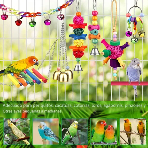 Vista 3 de Juguetes para pájaros para cotorras con escalera colorida, hamaca, accesorios para jaula de pájaros, percha para pájaros, juguetes para masticar