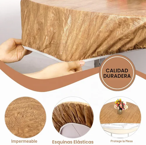 Vista 3 de Mantel redondo de grano de madera, borde elástico, de plástico, protector de mesa, protector de mesa, impermeable, ajustable, para redondo grande