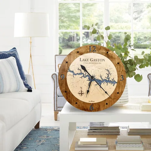 Vista 3 de Sea & Soul Lake Gaston Reloj náutico con mapa de madera 3D, reloj de profundidad de agua tallada en arte del lago, reloj de pared único, decoración