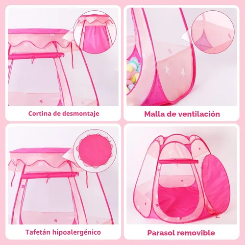 Vista 4 de Pozo de pelotas para bebés con 50 bolas, tienda de campaña desplegable de princesa con luces de estrella para regalo de cumpleaños de 1, 2 a 3 años