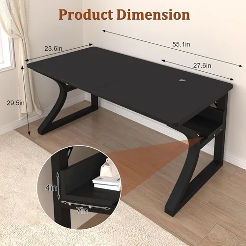 Vista 2 de Escritorio para computadora de 55 pulgadas, escritorio de oficina en casa con estante de almacenamiento, mesa de estudio resistente con marco