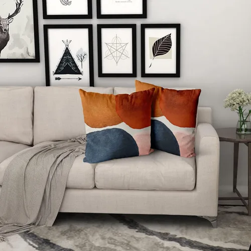 Vista 7 de Juego de 2 fundas de almohada bohemias de 16 x 16 pulgadas, color azul marino y naranja, modernas, con estampado geométrico abstracto