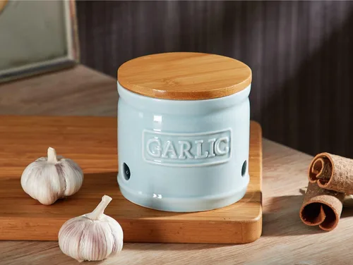 Vista 3 de ONEMORE Soporte de ajo con tapa, recipiente de ajo de cerámica de 4 pulgadas, azul claro