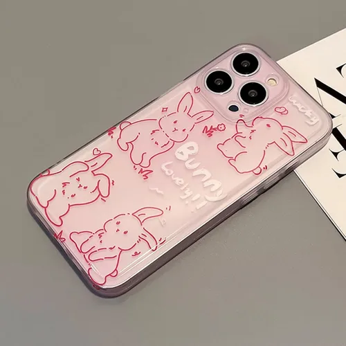 Vista 4 de Funda de teléfono para iPhone 13 Pro Max, funda de dibujos animados de conejo rosa transparente en 3D para mujeres y niñas